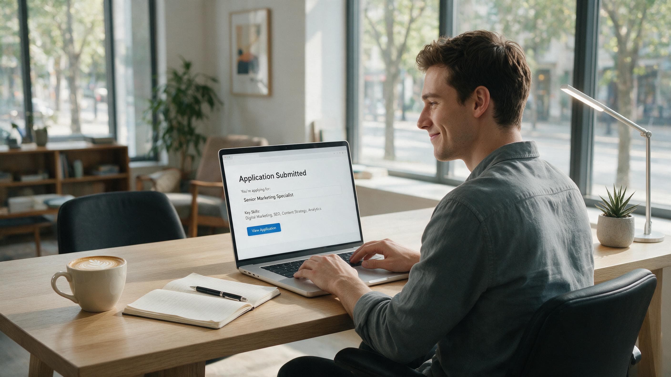 A tech professional at their desk, having just submitted a job application